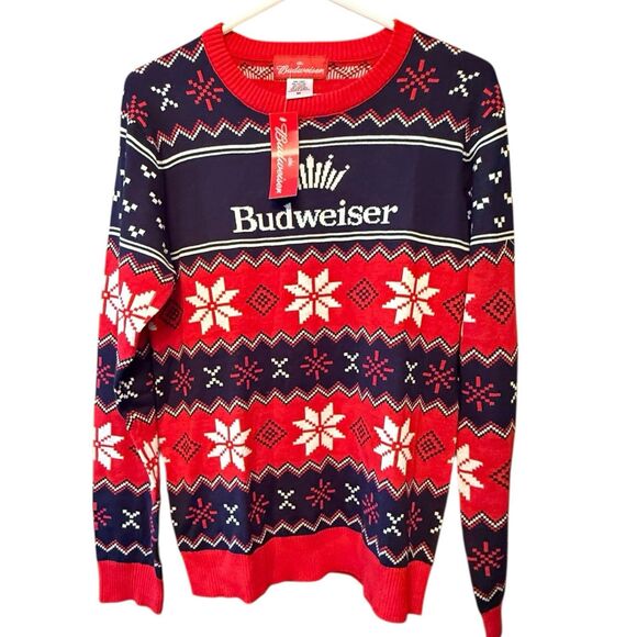 Budweiser Beer Ugly Christmas Sweater Blue Red Medium M Holiday Fair Isle Bud Ne - Picture 1 of 6